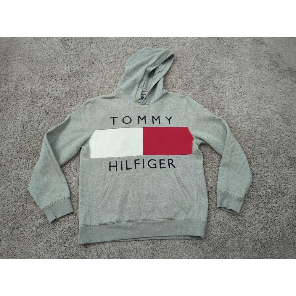 Tommy Hilfiger Hoodie Mens L Gray Pullover Logo Flag Classic 90s Y2K